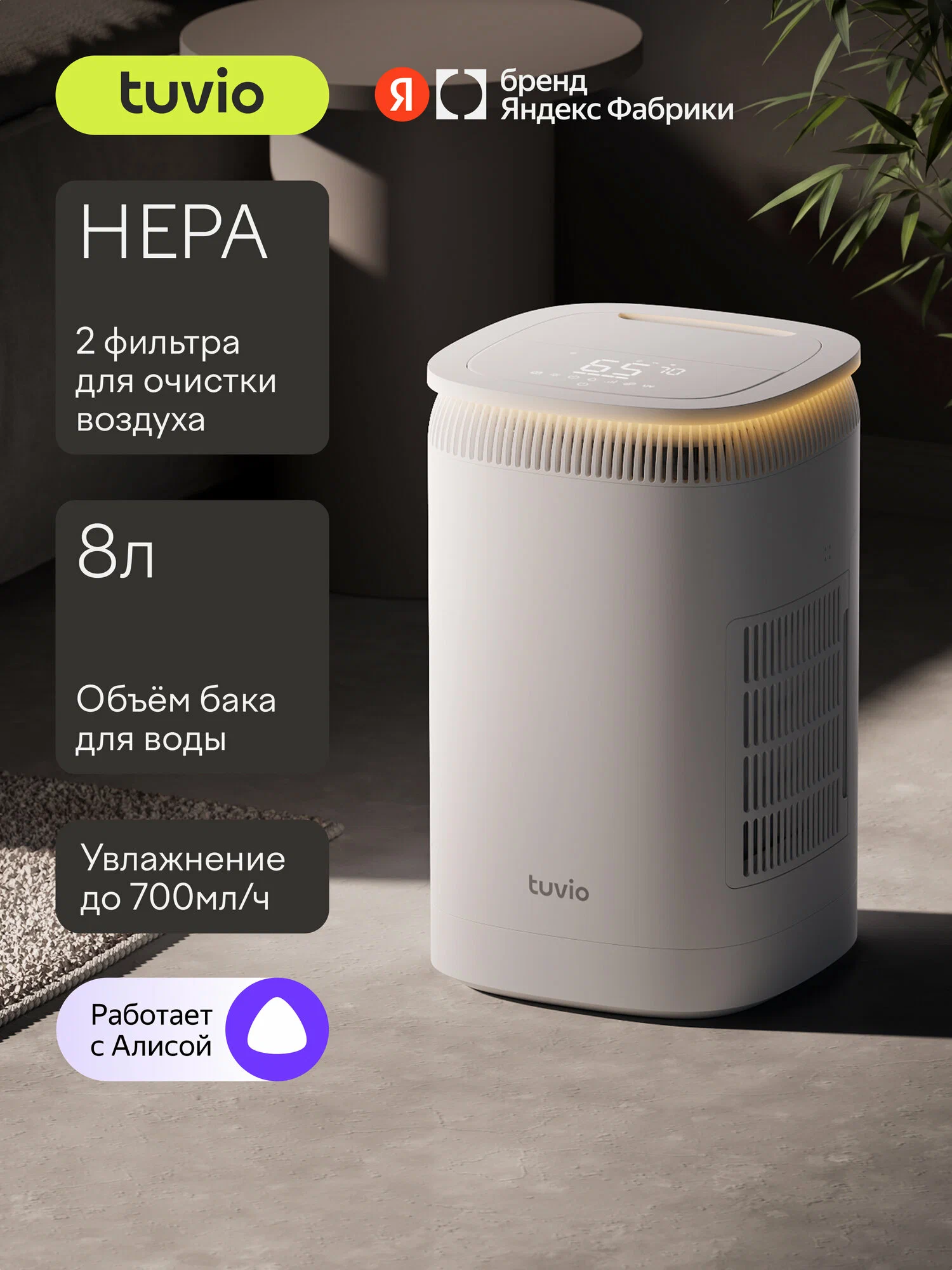 Мойка воздуха с естественным увлажнением, Wi-Fi и с двумя HEPA фильтрами Tuvio, 8 литров TAP02DE