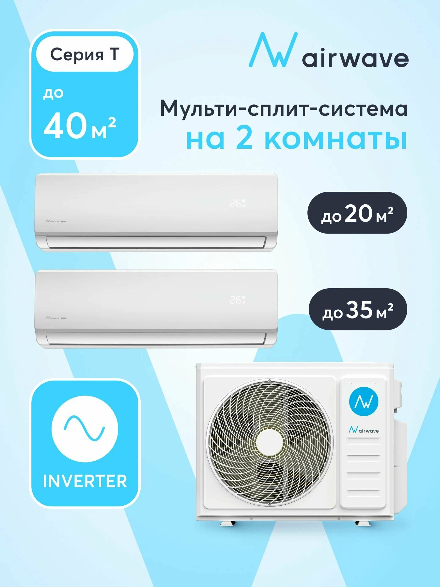 Инверторная мульти сплит-система на 2 комнаты 20м2+35м2, Airwave, AWT14HM2P-O/AWT07HWM-I/AWT12HWM-I