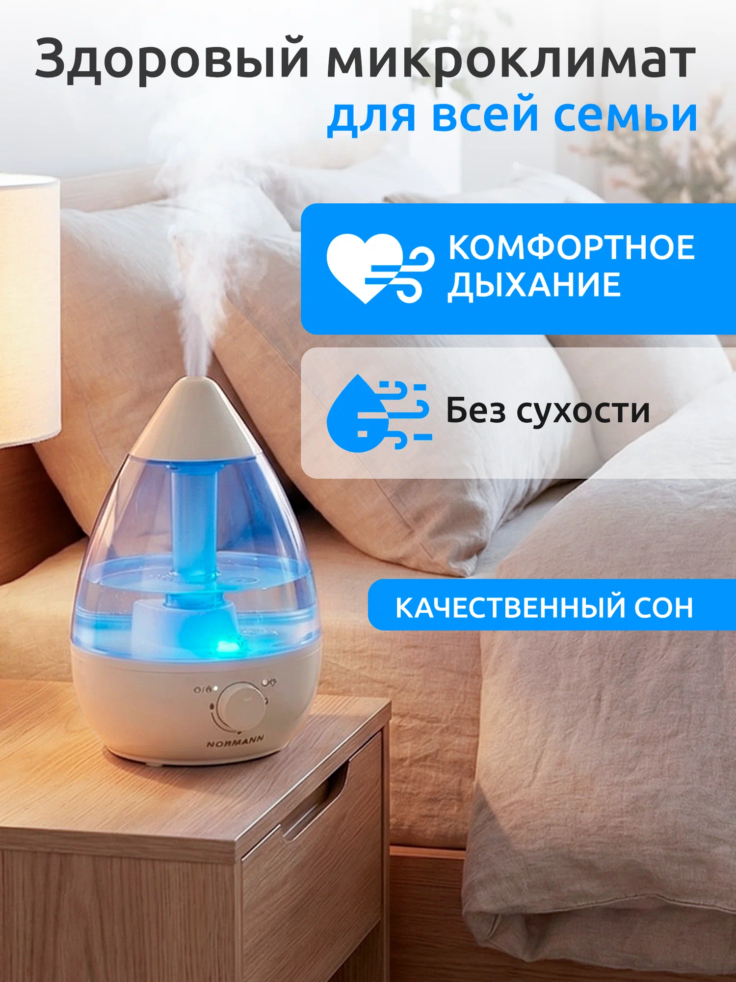Увлажнитель воздуха NORMANN AUH-011, 3 в 1, настольный, ультразвуковой, белый/голубой