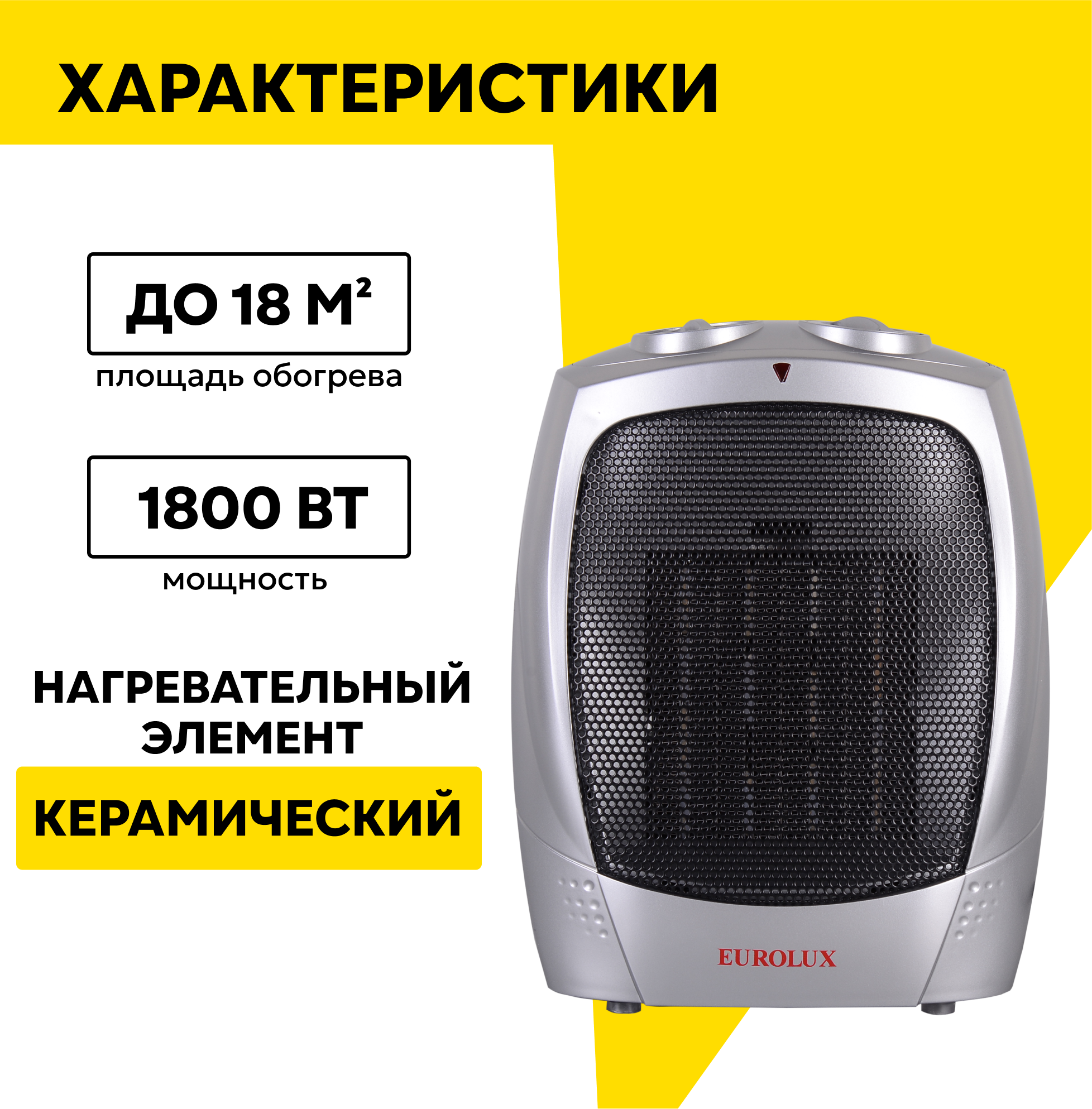 Тепловентилятор электрический Eurolux ТВК-EU-1, 1.8 кВт, до 22 м2, 3 режима
