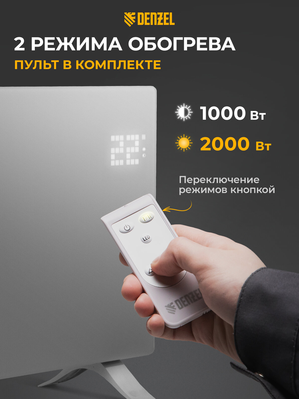 Конвектор электрический Denzel OptiPrime-2000, 2 кВт, до 25 м², Wi-Fi и тачскрин, обогреватель конвекторный 98123