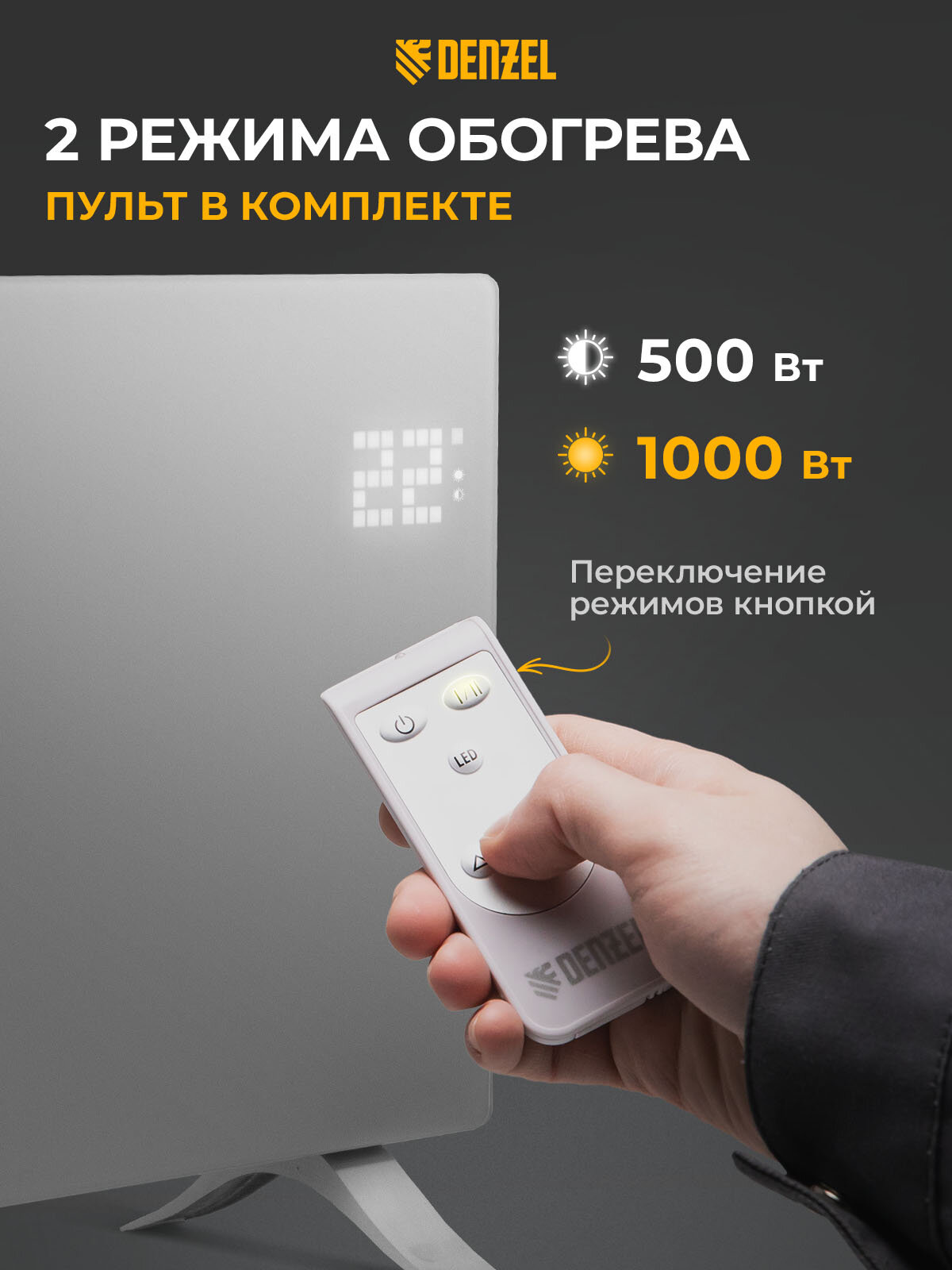 Конвектор электрический Denzel OptiPrime-1000, 1 кВт, до 15 м², Wi-Fi и тачскрин, обогреватель конвекторный 98121