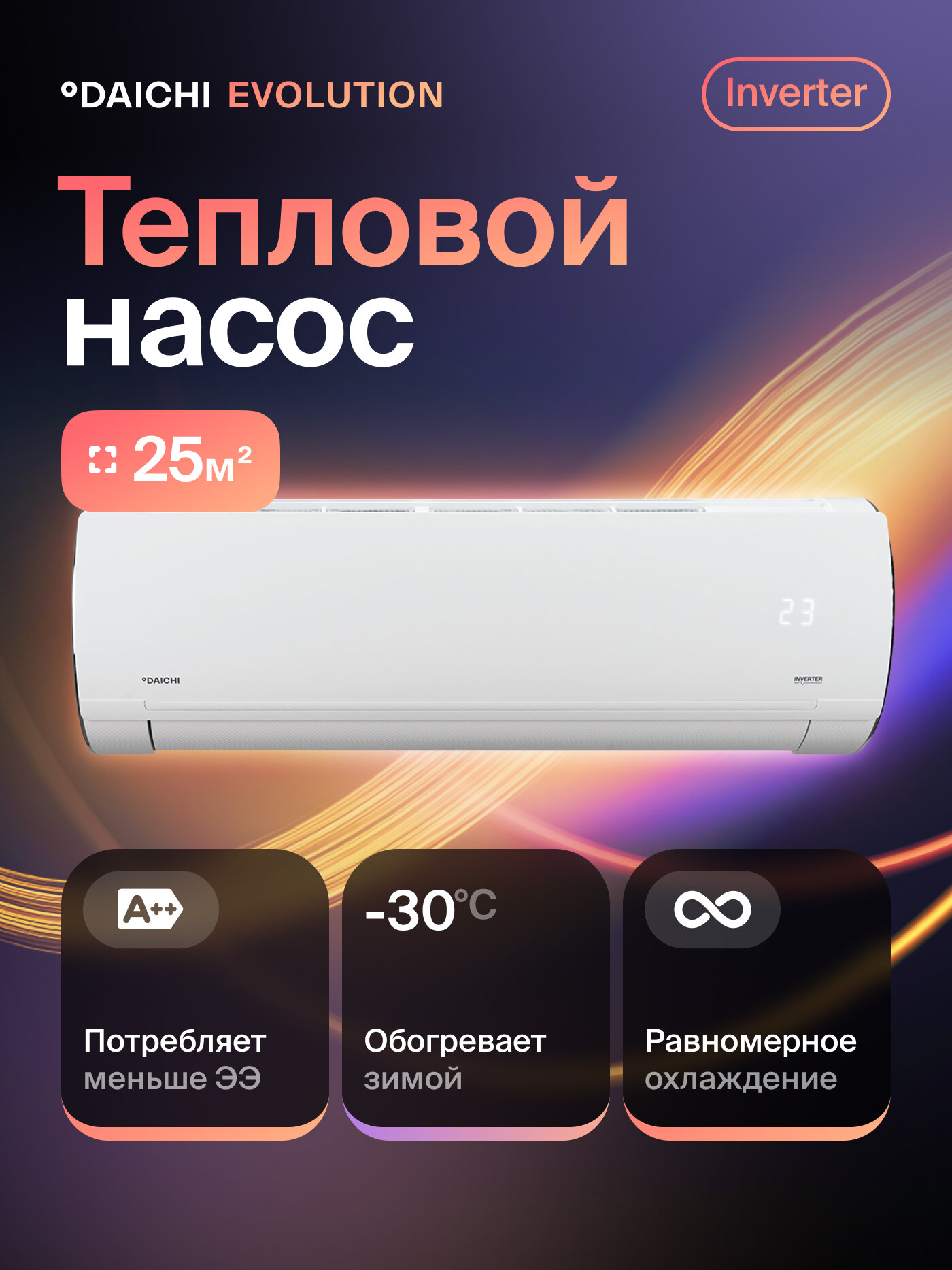 Кондиционер инверторный (сплит-система) до 25 кв м Daichi EVOLUTION EVO25AVQS1R, тепловой насос, нагрев до-30°C