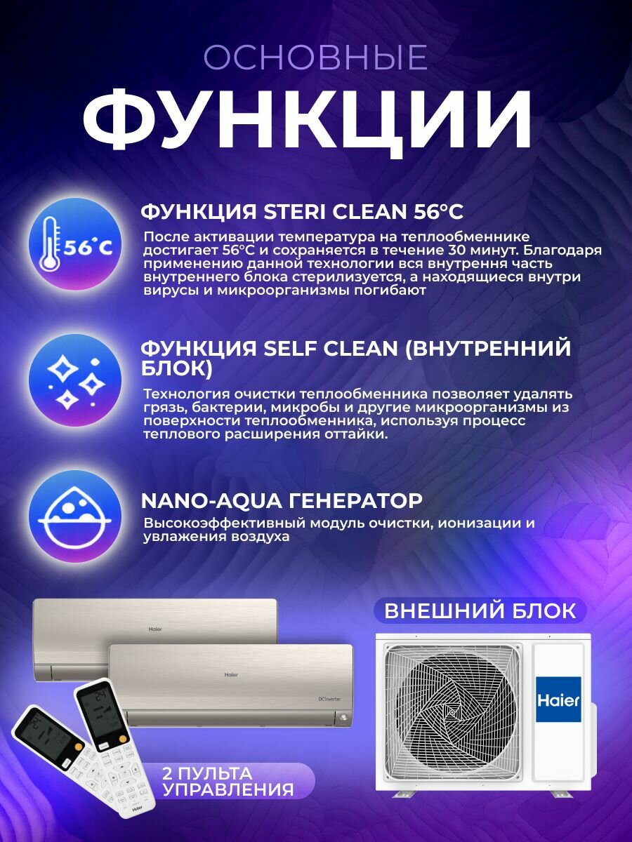 Мульти сплит-система с двумя внутренними блоками (25 и 25 кв. м) Haier 3U55S2SR5FA / AS25S2SF4FA-Gx2