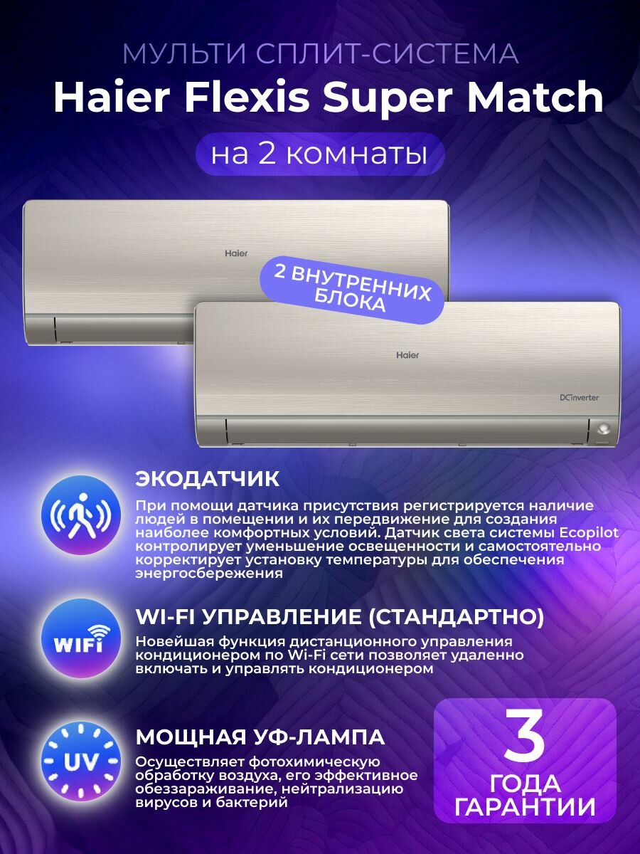 Мульти сплит-система с двумя внутренними блоками (25 и 25 кв. м) Haier 3U55S2SR5FA / AS25S2SF4FA-Gx2