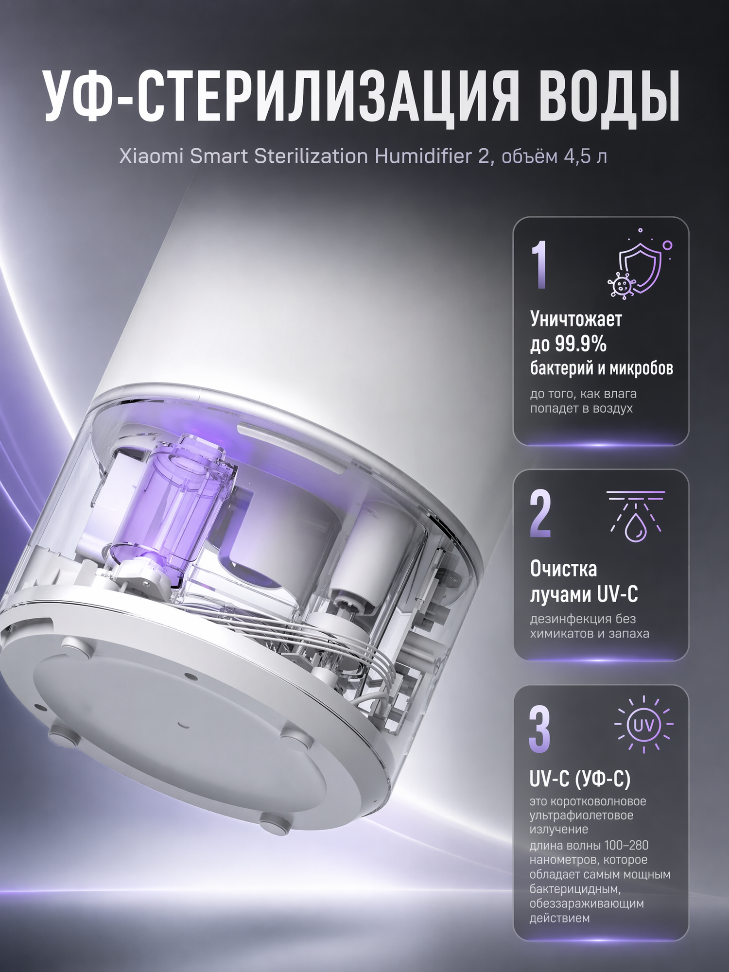 Умный увлажнитель воздуха 4,5 литра Xiaomi Smart Sterilization Humidifier 2 (MJJSQ05DY), CN