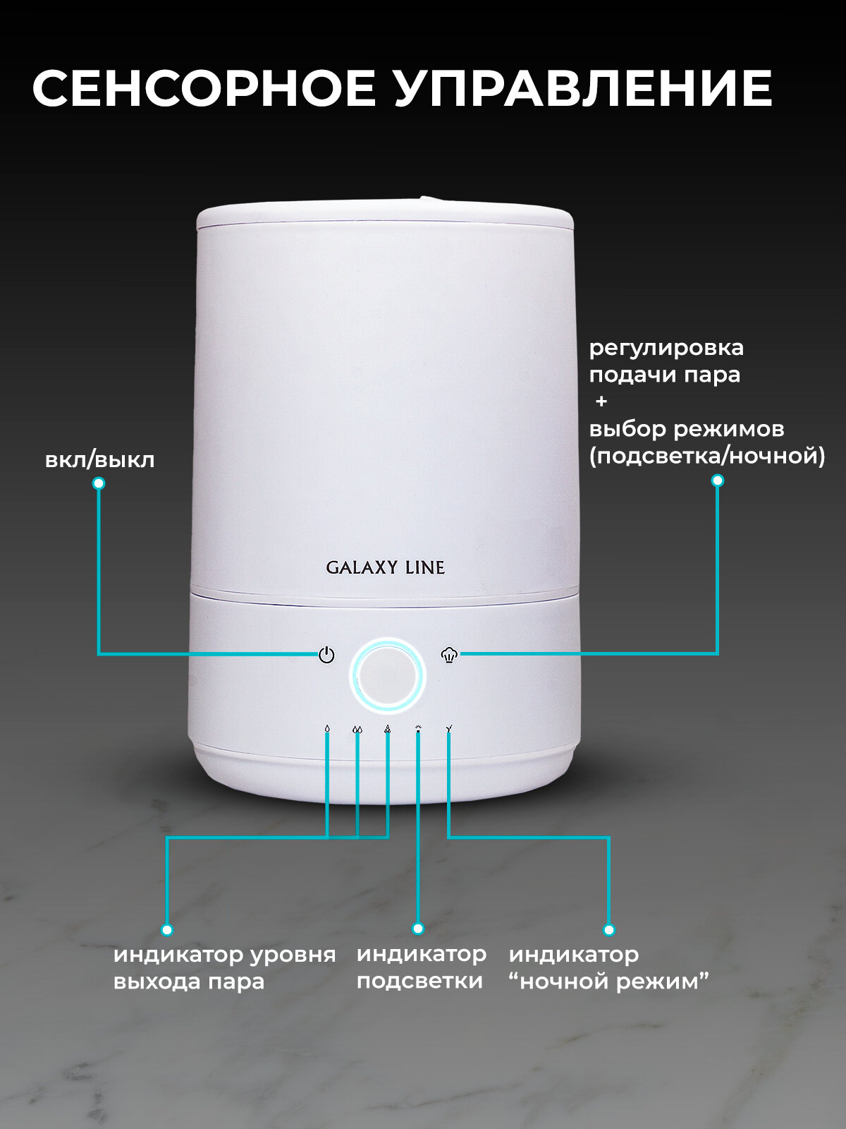 Увлажнитель воздуха ультразвуковой GALAXY LINE GL8011, 4 л, с функцией ночного светильника