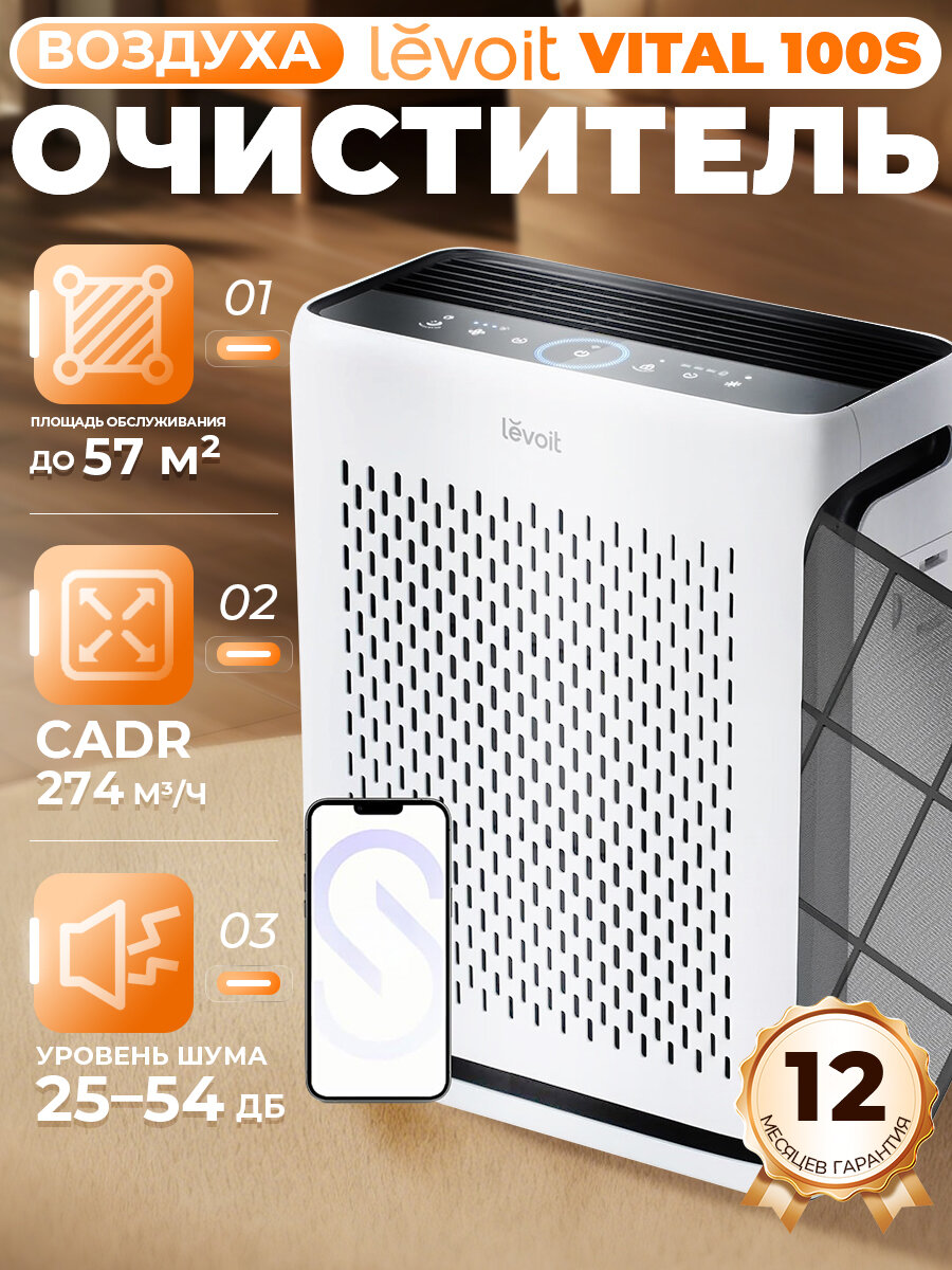 Очиститель воздуха Xiaomi Levoit Vital 100S с HEPA-фильтром, CADR 274 м³/ч, до 57 м², эффективен против шерсти и запахов