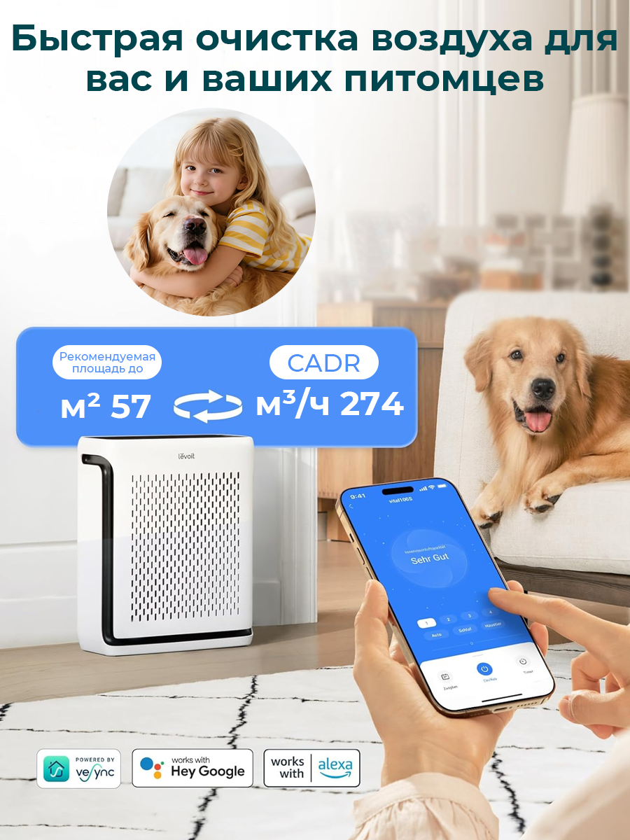 Очиститель воздуха Xiaomi Levoit Vital 100S с HEPA-фильтром, CADR 274 м³/ч, до 57 м², эффективен против шерсти и запахов