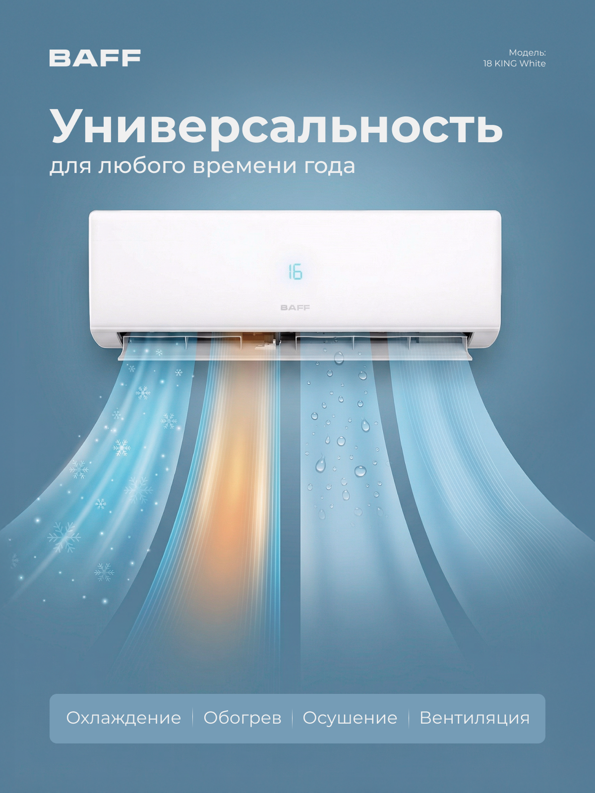 Сплит-система BAFF 18 KING White, кондиционер 18 для дома настенный, зима лето, для помещений до 54 м², 800 м³/ч, белый