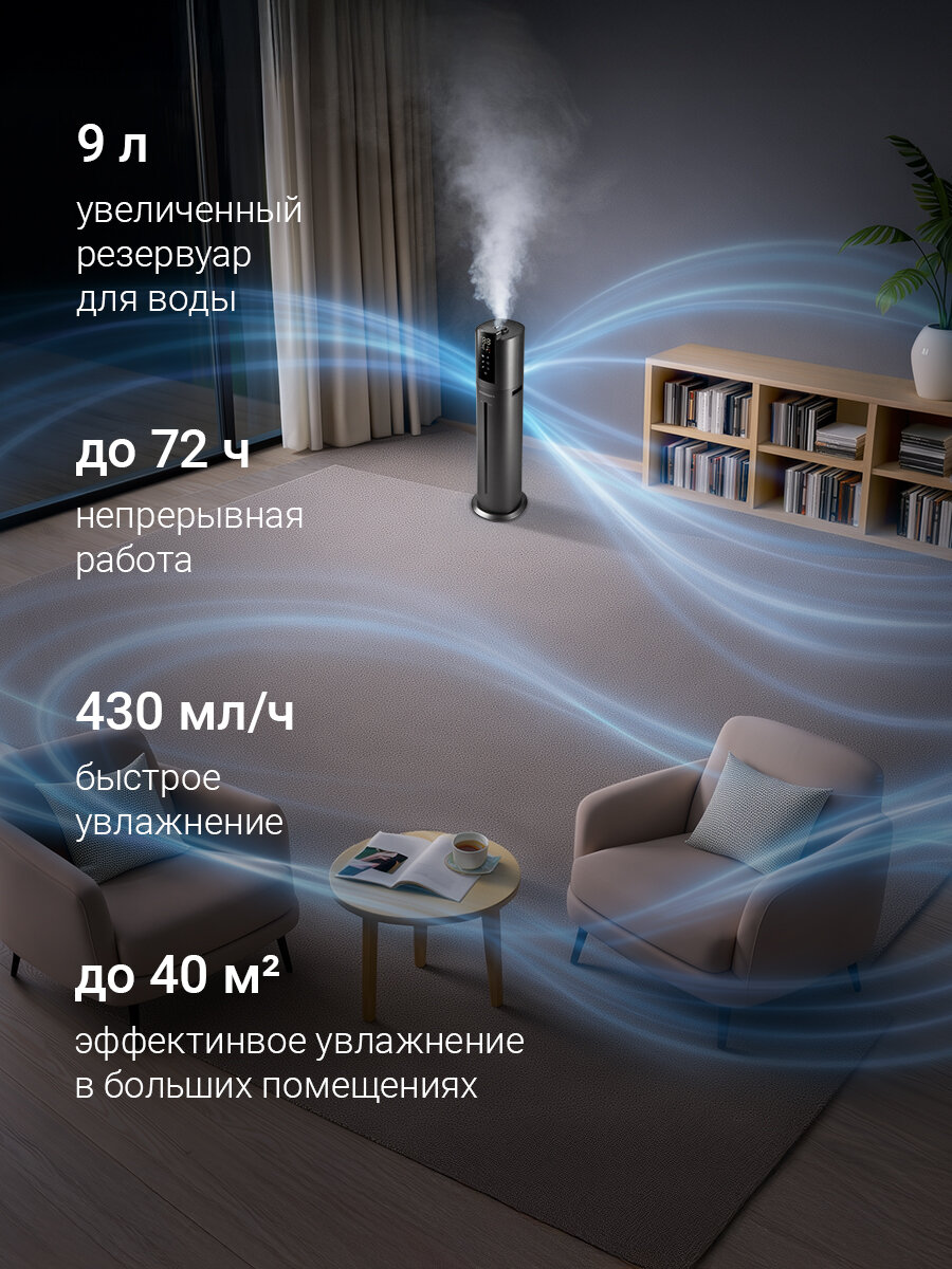 D Увлажнитель воздуха напольный бесшумный редмонд HF2213S, управление со смартфона, УФ-лампа, 72 часа работы, серый