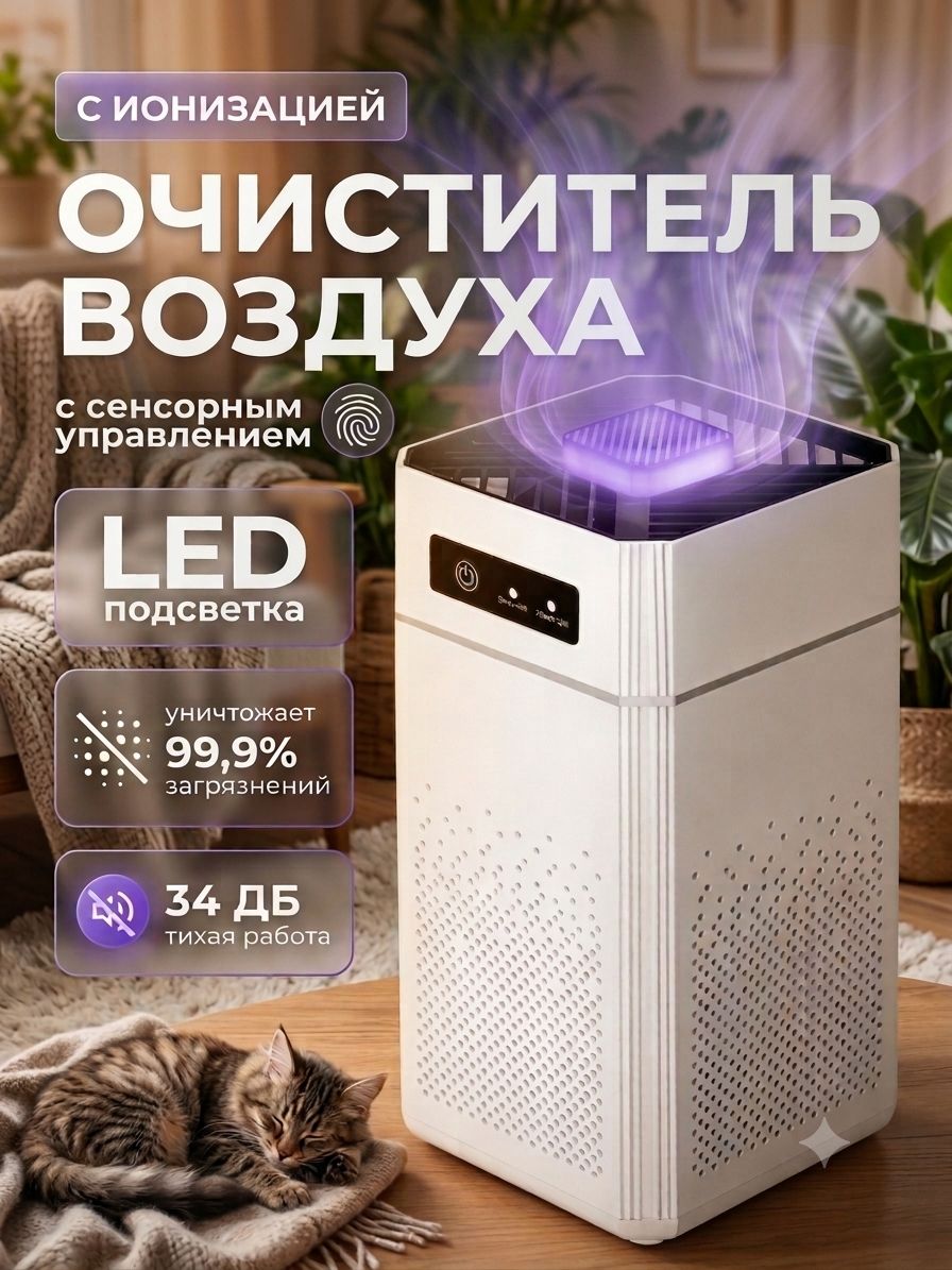 Очиститель воздуха для дома до 120 м² от пыли и запахов, HEPA и угольный фильтр, ионизация, 34 дБ, до 18 Вт