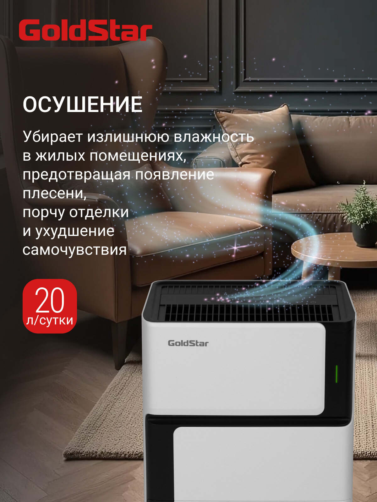 Осушитель воздуха GoldStar GSD-20L, черно-белый, для помещения до 28 кв. м, встроенный ионизатор