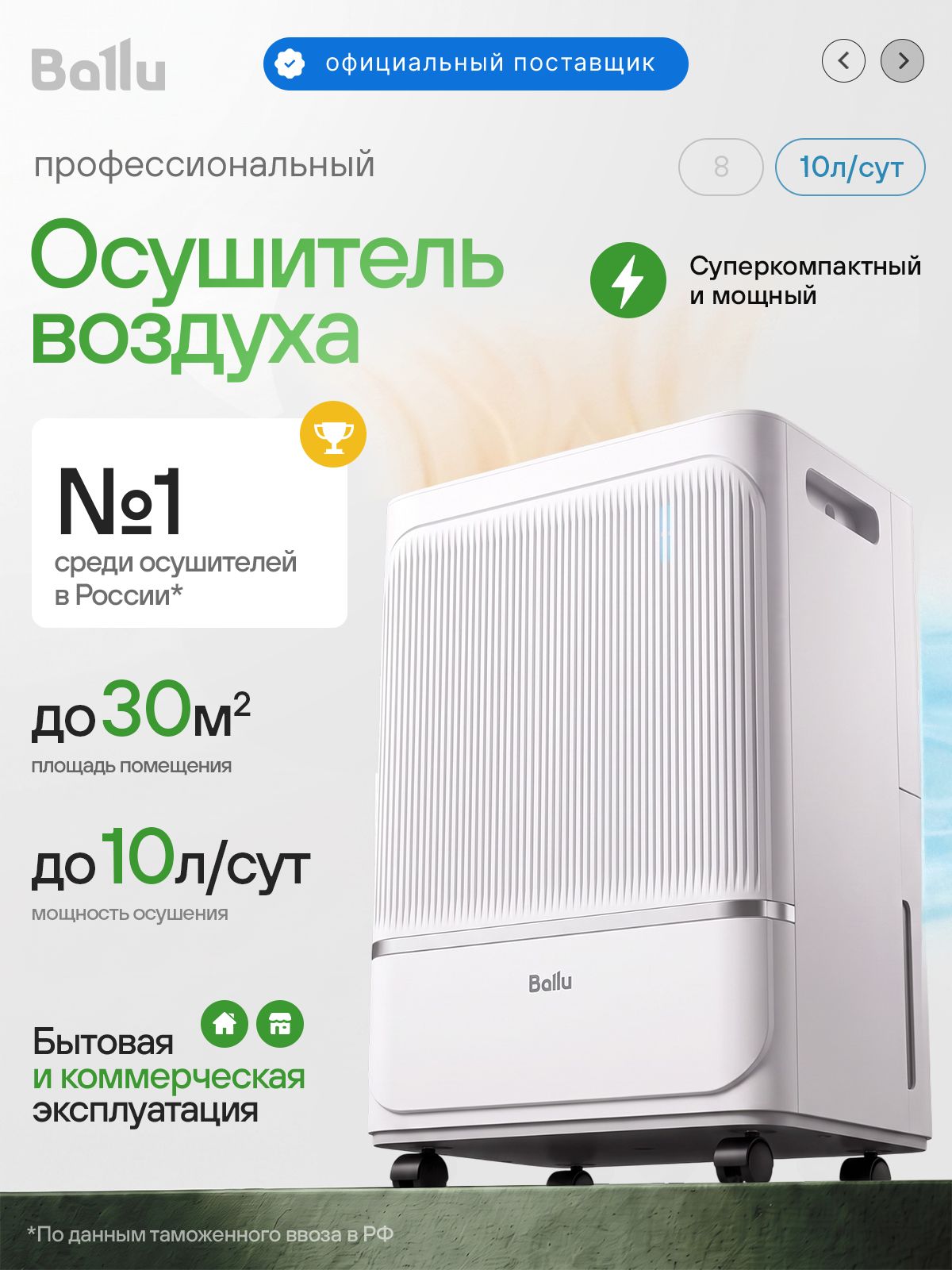 Осушитель воздуха Ballu BD-10L до 30м. кв, до 10 л. сут для квартиры дома подвала ванной гаража бассейна погреба