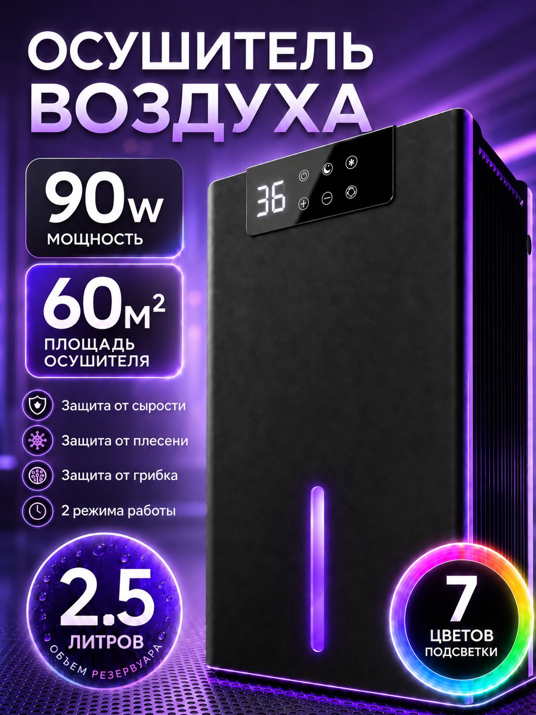 Осушитель воздуха для дома и ванной комнаты, поглотитель влаги 2.5 литра, черный, автоматический режим, фильт